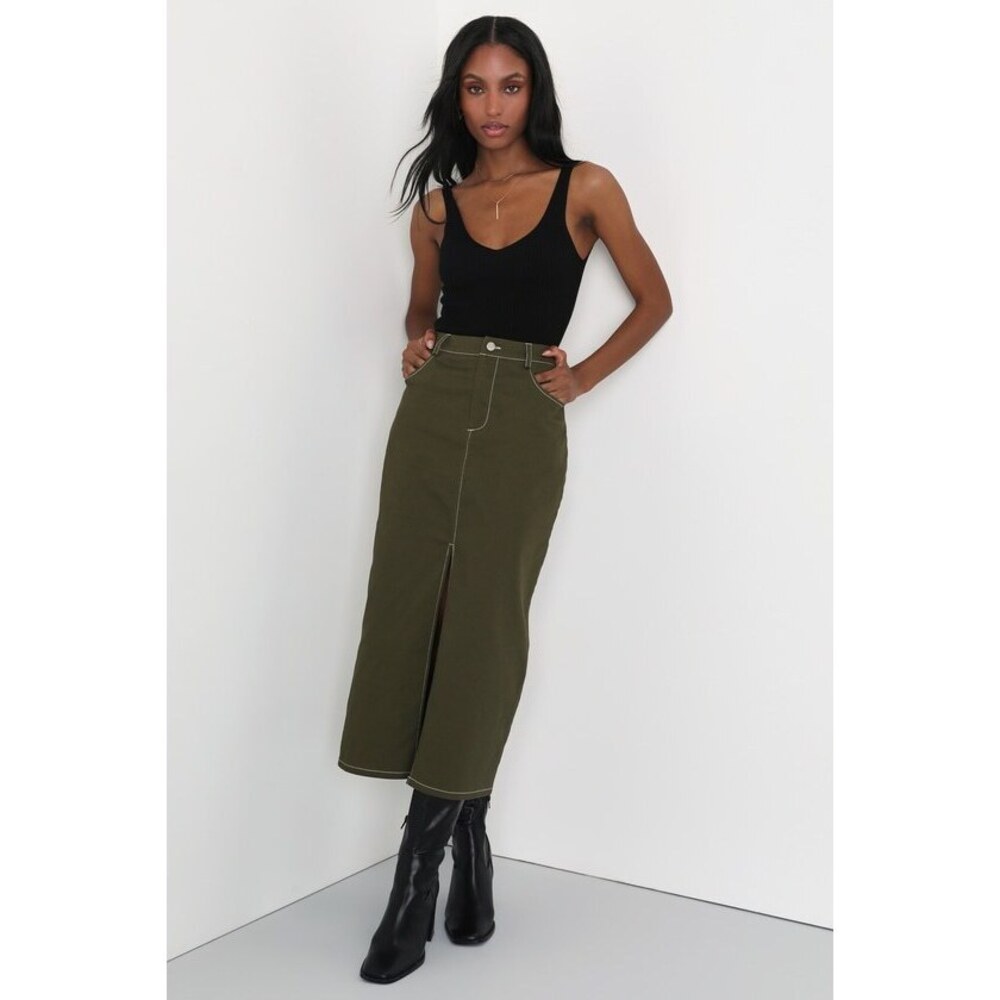 Lulus Trendsetting Theme Olive Green Twill Midi Skirt - Size M
